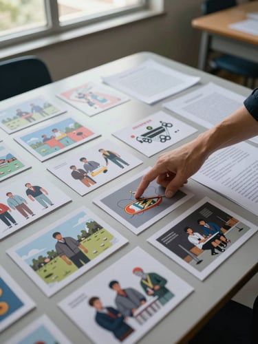 Overhead wide shot of BINAR printed materials spread across a classroom table — illustrated cards with impossible imagery, writing sheets, a teacher's hand pointing at one card — natural daylight from a nearby window, no shadows