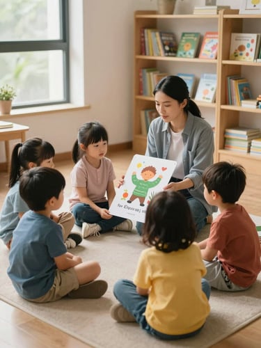 Wide shot of a small group of four-year-olds seated on the floor in a semicircle around an educator holding an oversized illustrated card, classroom bookshelves visible in the background, soft natural daylight from a side window, children looking at the card with focused attention