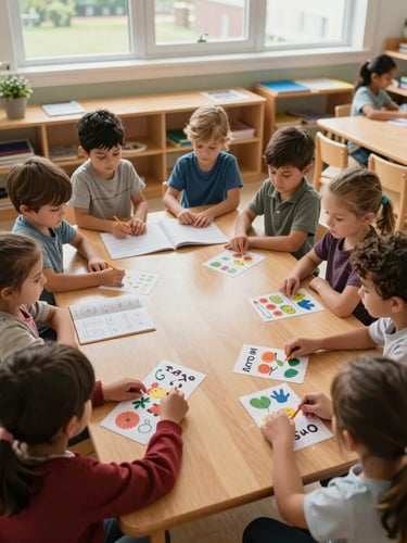 Wide overhead shot of a real early-childhood classroom: a teacher's hands spread several illustrated cards across a low wooden table, a small group of children lean in from the edges of the frame, natural daylight from a row of windows along the far wall, pencils and handmade booklets visible among the materials