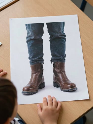 Overhead shot of a large printed impossible image card—a fish wearing boots—laid flat on a classroom table under natural window light, a small child's hands reaching toward it from the bottom edge of the frame, wooden table surface visible at the margins