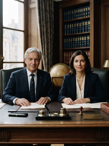 Dignified portrait of a senior European notary and a lawyer in a prestigious law office, natural light, symmetrical composition, deep navy and brass tones, sharp focus, 35mm.
