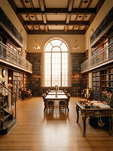 Wide shot of a grand, classic European law library interior at golden hour, deep navy and brass tones, soft diffused natural light, large leather-bound books, an ornate desk in the right third, symmetrical composition.