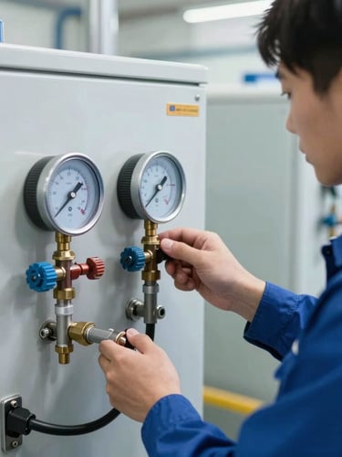 Close-up of a professional technician in a clean uniform checking pressure gauges on a commercial refrigeration compressor, sharp focus, cool metallic tones