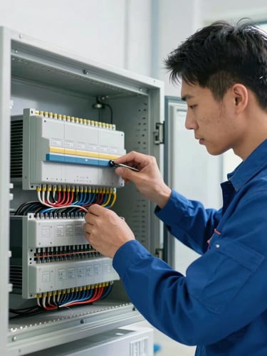 Close-up of a professional mechanical technician in a clean uniform wiring a complex commercial HVAC control board, bright natural utility lighting, cool metallic tones.