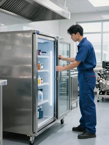 A clean commercial kitchen environment with heavy-duty stainless steel appliances, a technician adjusting a walk-in cooler compressor in the background, bright natural light.