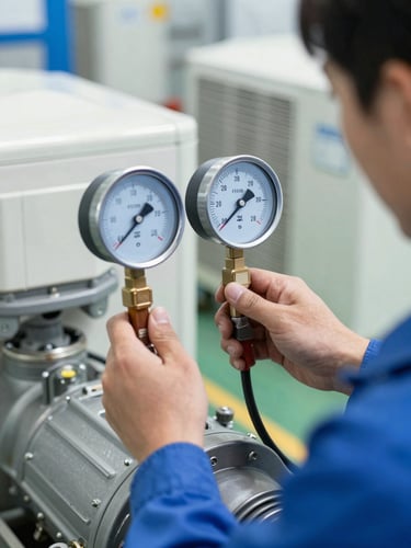 Close-up of a technician checking pressure gauges on a commercial HVAC compressor, metallic tones, sharp focus