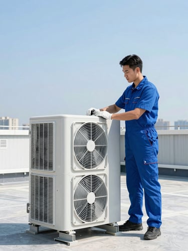 Crisp commercial photography of a professional technician servicing a heavy rooftop HVAC unit under bright daylight, metallic and blue tones