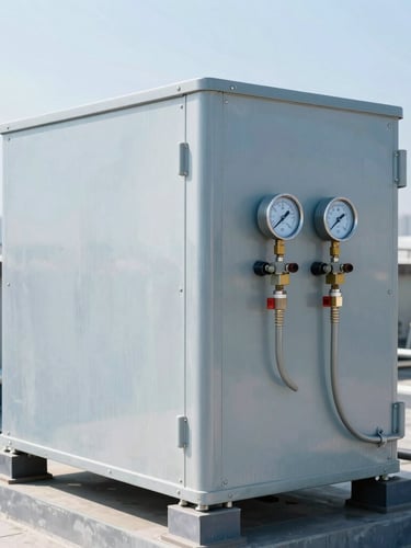 Close-up of a heavy commercial rooftop HVAC compressor unit, metallic steel housing, precise pressure gauges showing optimal readings under bright daylight.