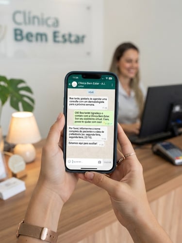 Realistic mockup of a WhatsApp chat interface on a smartphone, showing an AI agent responding to a customer query in Portuguese, bright natural daylight, soft shadows, in a clean clinic reception desk environment, 35mm lens.