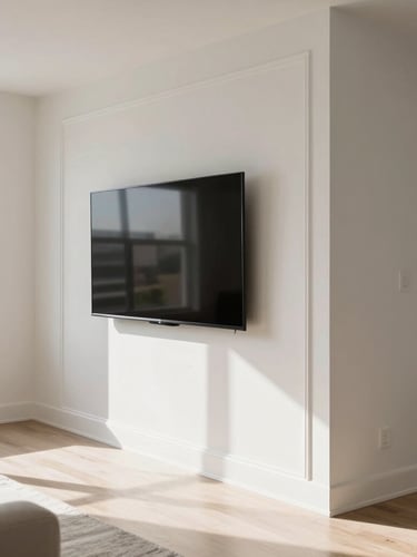 Bright Florida sunlight flooding a modern Tampa living room, showing crisp white trim, perfectly mitered corners, and a level mounted TV, eye-level straight-on shot.