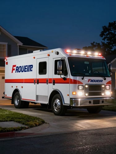 Wide shot of a branded emergency service truck arriving at a suburban home at night, headlights illuminating the driveway, high contrast.