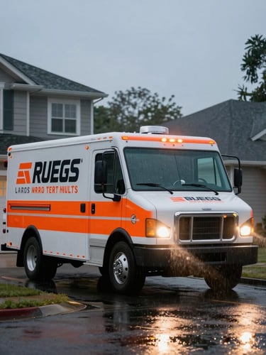 Wide action shot of a branded service truck arriving at a suburban home at dusk, headlights cutting through the light rain, safety orange decals visible.