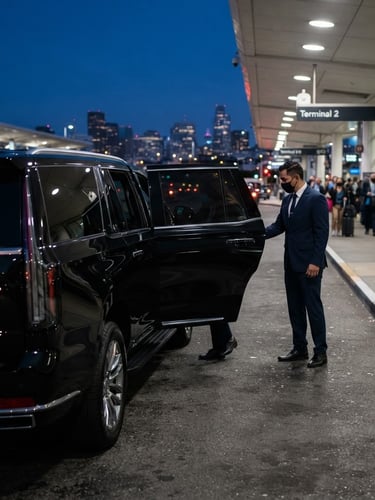Polished black Cadillac Escalade parked at SFO airport curb at dusk, professional chauffeur in dark suit standing beside the open rear passenger door, city lights in the background, low angle.