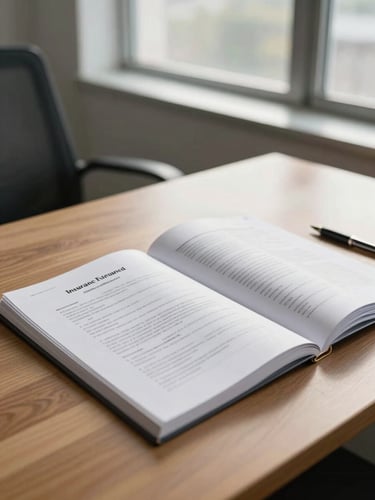 Wide-angle morning office scene, an open insurance policy document spread flat on a wood desk to the right, natural window light falling across the pages, a pen resting in the margin, empty chair just visible at left edge, calm and unhurried