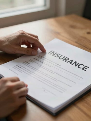 Close-up of hands turning pages of an open insurance policy file on a wooden desk, natural morning window light falling across the document, margin notes visible in ink