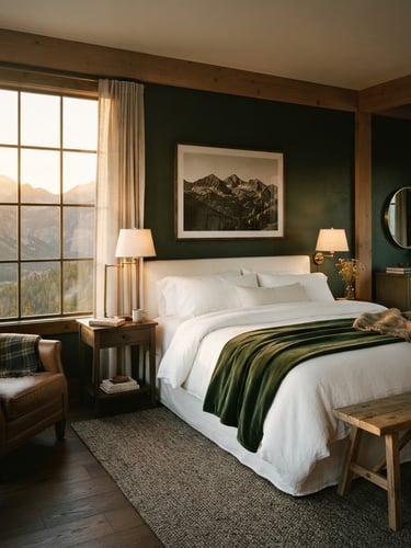 Sunlit luxury guest room interior with clean white linen, dark forest green accents, and rich brass lamps, warm golden-hour light streaming through a window, 35mm lens