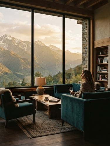 Warm editorial photography of a sunlit luxury guest lounge with high-end modern furniture, clean lines, and a large window framing towering green Himalayan peaks, golden-hour mountain light, soft shadows