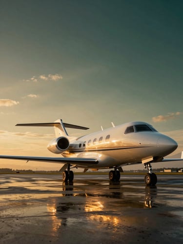 Dramatic low-angle shot of a modern long-range private jet on a wet tarmac at golden hour, reflection of amber sky on the fuselage, cinematic lighting.