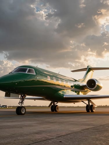 Dramatic wide-angle low-angle shot of a private Gulfstream jet on the tarmac at golden hour, deep forest green and gold reflections on the fuselage, overcast dramatic sky.