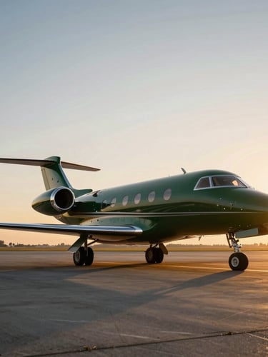Dramatic wide-angle shot of a private jet on the tarmac at sunset, low-sun golden hour light reflecting off deep forest green fuselage, cinematic aviation photography