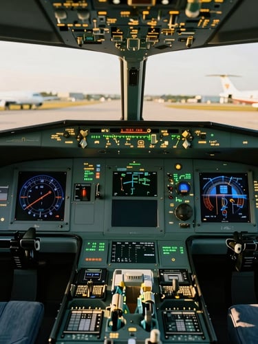Macro shot of premium cabin finishes and flight deck avionics under sharp daylight, highlighting technical precision and high-end corporate standards