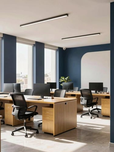 A bright, sunlit modern office workspace in Casablanca with clean architectural lines, professional focus, and soft natural daylight, 35mm.