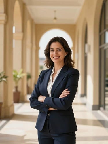 A professional female finance executive in a bright, modern sunlit Casablanca office, smiling confidently, architectural depth of field, warm gold and navy tones, 35mm.