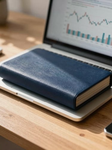 Close-up of high-end workspace tools, a modern laptop showing clean financial charts, natural sunlight casting soft shadows on a wooden desk, 35mm editorial photography.