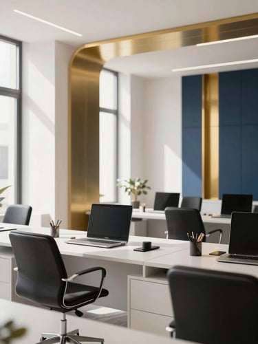 A bright, sunlit modern office in Casablanca with clean architectural lines, warm gold accents, and professional workspace tools, 35mm editorial photography.