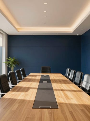Wide shot of a modern, sunlit corporate boardroom in Casablanca, clean architectural lines, soft morning light, professional workspace atmosphere