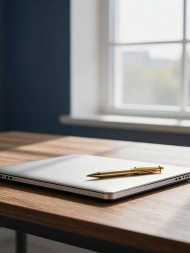 Editorial medium-wide shot of a clean, minimalist workspace with architectural depth, bright natural daylight streaming through a window, a high-end notebook and gold pen on a dark wood table, 35mm