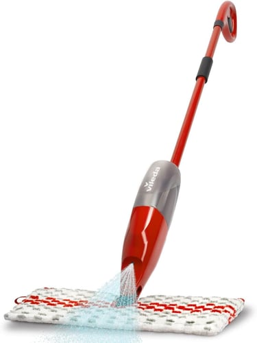 a red and white mop with a red handlebar