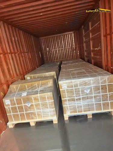 pallets of prismatic LiFePO4 battery cells in a 40GP container
