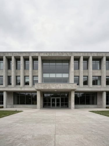 Symmetrical wide-angle shot of a modern government administrative building exterior, flat overcast daylight, desaturated concrete tones, minimalist industrial architecture