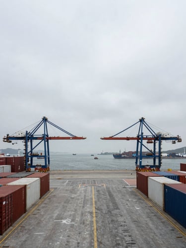 Symmetrical wide shot of a deep-water port terminal with empty shipping containers under flat overcast daylight, desaturated industrial tones.