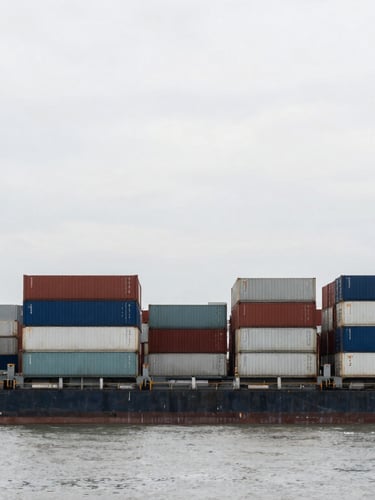 Symmetrical wide-angle shot of the deep-water Port of Sihanoukville under flat overcast daylight, cargo shipping containers lined up neatly, desaturated industrial tones, 35mm