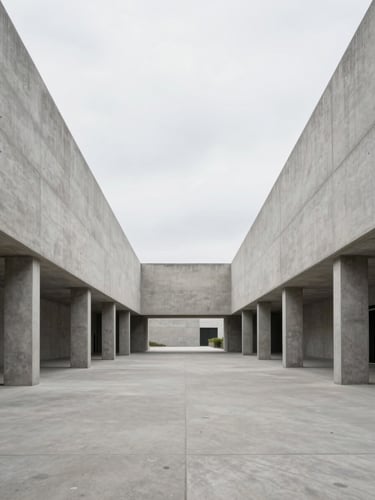Symmetrical wide shot of modern concrete industrial port infrastructure, flat overcast daylight, neutral desaturated tones, minimalist architectural photography, 35mm lens