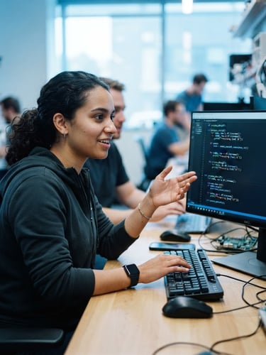 A dynamic medium-close shot of a young adult collaborating in a modern tech lab, focused on code on a screen, bright natural daylight with cool blue undertones, shallow depth of field, 35mm