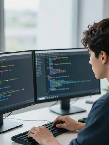 Dynamic medium-close shot of a young adult focused on coding, dual monitors displaying clean code, cool crisp daylight, shallow depth of field, 35mm