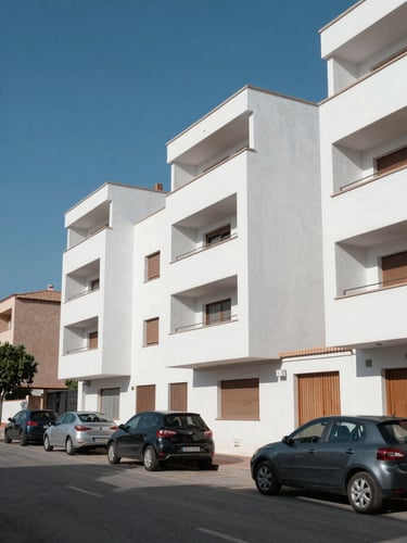 Wide daylight exterior of a modern residential building in a Catalan suburban street, clean white facade, parked cars, clear blue sky, sharp architectural lines, no people