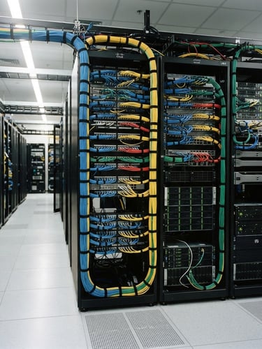 Cleanly organized server racks with labeled structured cabling, bright commercial indoor lighting, crisp details, structured technical environment, realistic color grading, 35mm lens