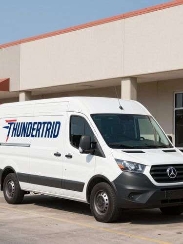Thunderbird branded service vehicle parked in front of a commercial building, bright natural daylight, wide environmental shot, realistic color grading, 35mm lens