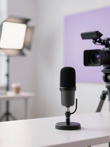 A bright, modern media production studio, professional key lights illuminating an empty desk with a high-end microphone and camera setup, shallow depth of field, 35mm