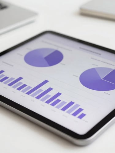 Close-up of a modern digital tablet displaying clean demographic analytics charts with purple accents, resting on a clean white desk in natural daylight, shallow depth of field