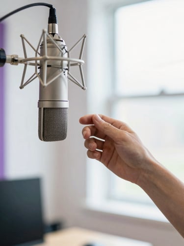 A professional creator in a bright, modern recording studio, adjusting a high-end microphone, soft natural window light, shallow depth of field, 35mm photography