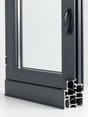Straight-on architectural medium shot of a newly installed matte-black aluminum window frame, bright natural daylight, crisp structural seals, clean white wall background, 35mm lens.