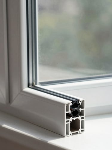 Straight-on architectural close-up of a newly installed double-glazed aluminum window frame, clean rubber seals, bright natural daylight, crisp structural details, 35mm lens