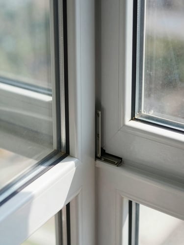 Close-up of a perfectly sealed aluminum window joint, bright natural daylight reflecting off clean glass and polished metal frame, architectural detail