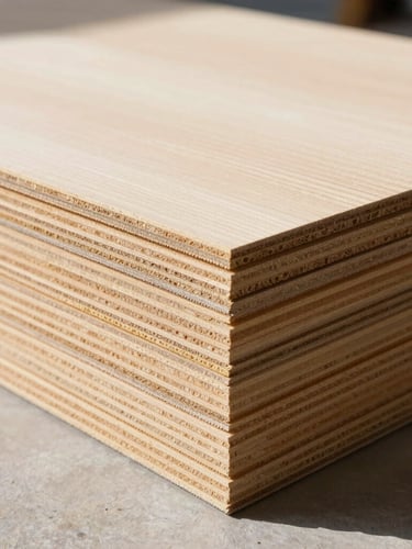 Close-up architectural texture of sustainable low-formaldehyde wood boards stacked neatly on a clean workshop floor, natural daylight, crisp details, 35mm lens.