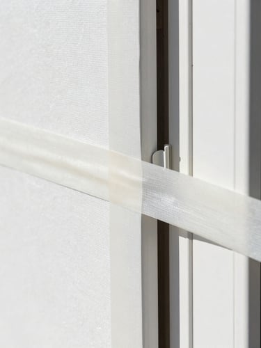 Close-up of professional dust-control sheeting neatly taped to a doorway, bright daylight, clean workspace, high precision